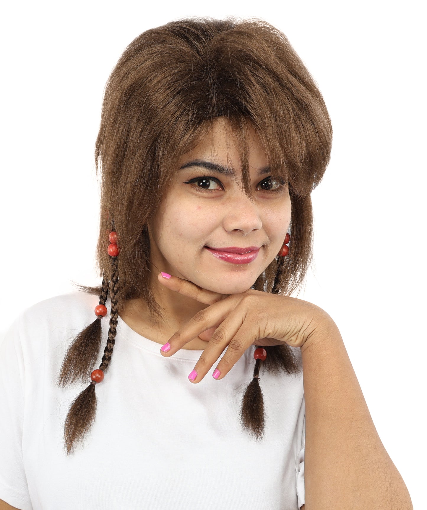 HPO Women's Long Tribal Braided Brown Wig | Dark Shaggy Bob with Beaded Strands, Synthetic Fiber & Breathable Cap | Halloween, Sci-Fi Roleplay, Fantasy Costume
