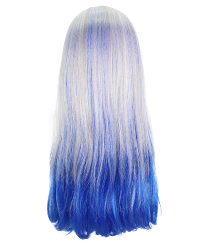 HPO Adult Women’s Long Wavy Silver and Blue Gradient Wig  | Flame-retardant Synthetic Fiber | Flipped Ends Wig for Halloween and Cosplay