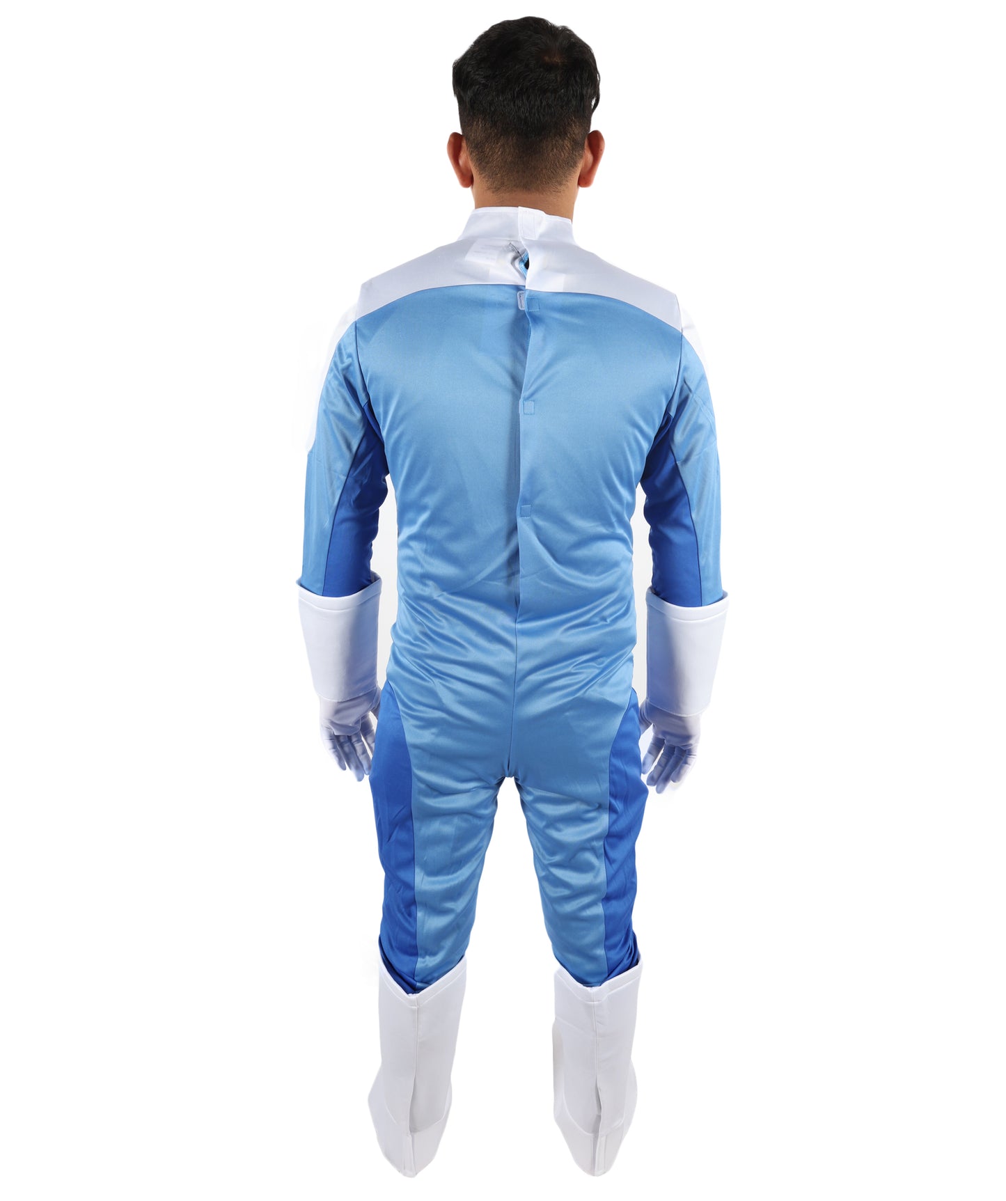 HPO Men’s Ultimate Sci-Fi Team Blue and White Costume | 3-in-1 Jersey Dress with Hand Gloves | 66.5" Length Futuristic Cosplay Outfit