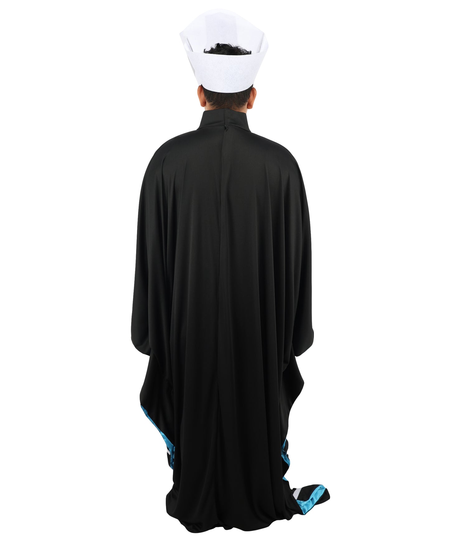HPO Men's Satanic Pope Costume | Ghostly Grim Clergy Black Robe Teal Satin Lining Inverted Cross Mitre Hat | Halloween Dark Metal Rock Cosplay Stage Performance Wardrobe Piece