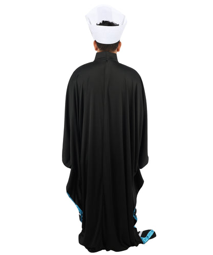 HPO Men's Satanic Pope Costume | Ghostly Grim Clergy Black Robe Teal Satin Lining Inverted Cross Mitre Hat | Halloween Dark Metal Rock Cosplay Stage Performance Wardrobe Piece