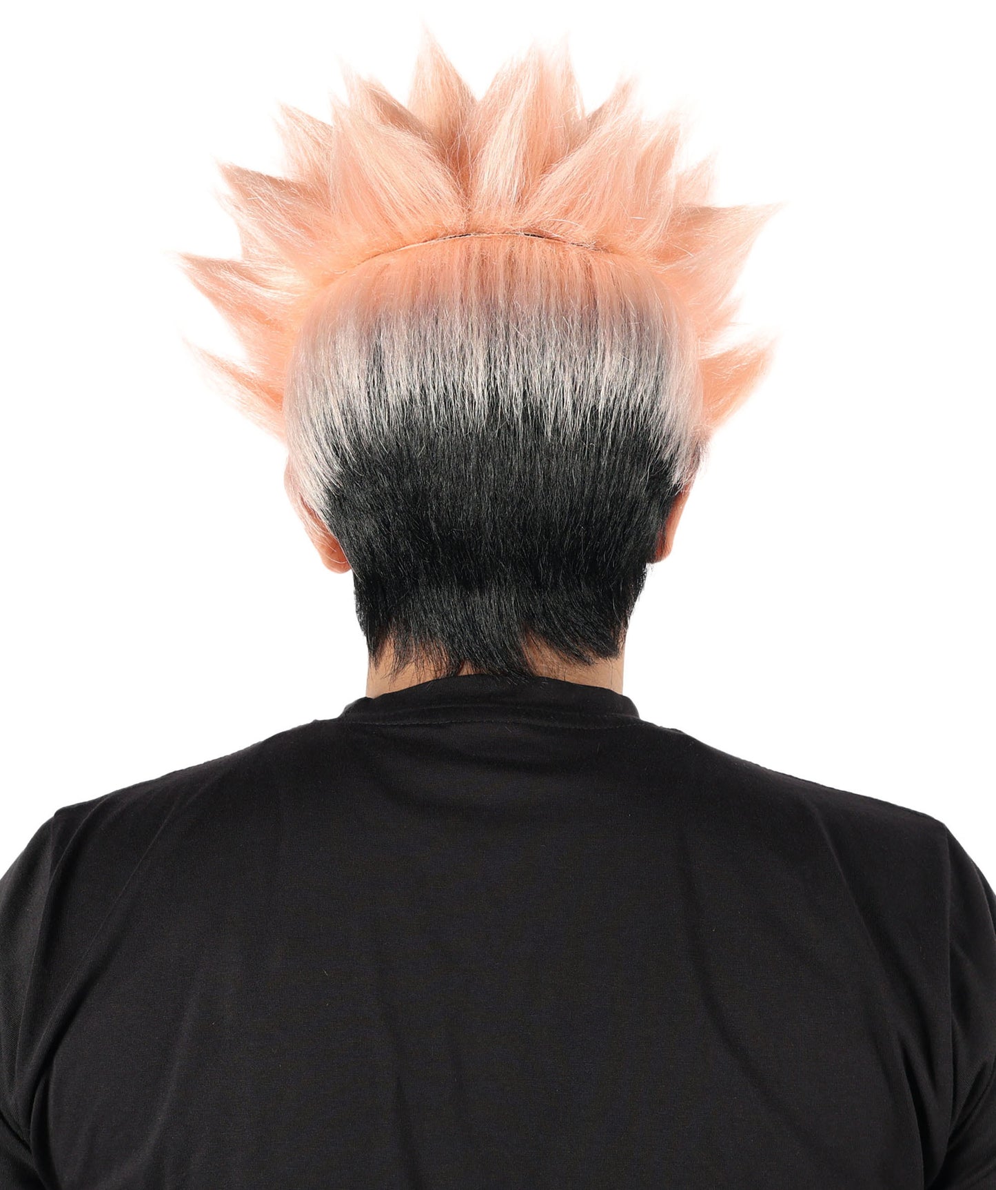 Anime-Inspired Spiky Wig | Black with Coral Mixed Streaks | Short Layered Hairstyle with Adjustable Cap for Halloween, Carnival & Parties