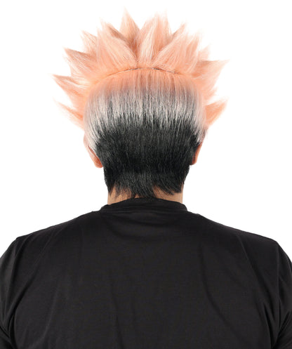 Anime-Inspired Spiky Wig | Black with Coral Mixed Streaks | Short Layered Hairstyle with Adjustable Cap for Halloween, Carnival & Parties