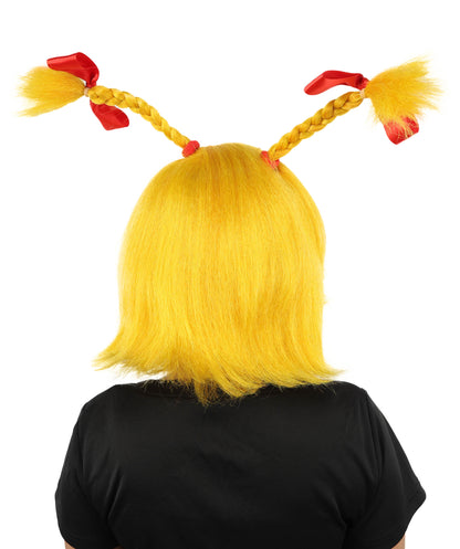 HPO Women's Triple Antenna Bow Wig | Yellow synthetic fibers with structural upright braids red ribbons and capless base | Essential for theatrical stage drag performance costume events and party