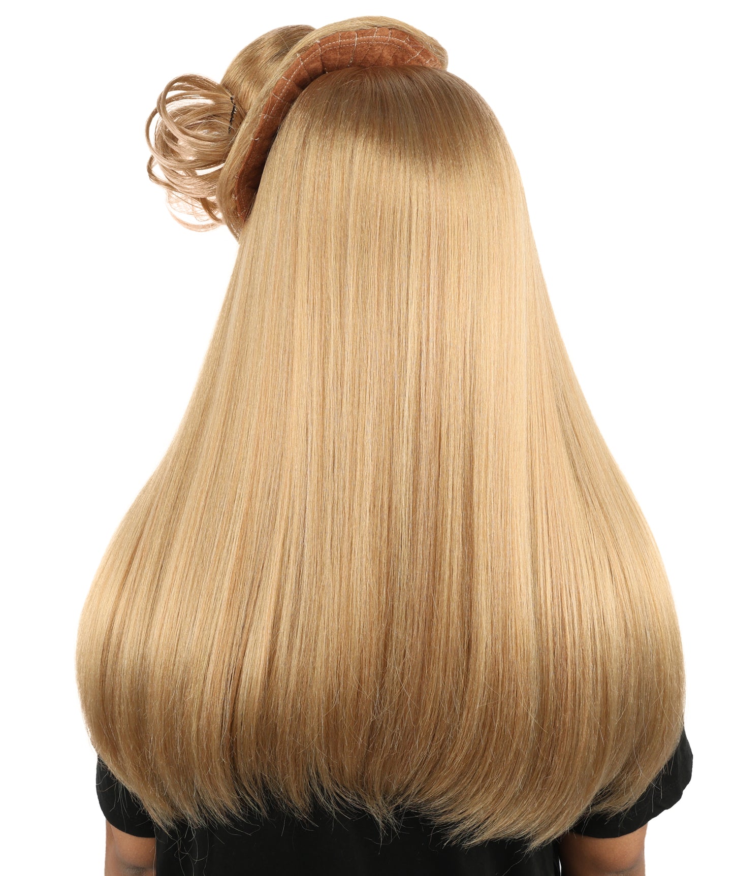 HPO Women's Sculpted Pillbox Hat Wig | Dark honey blonde hue, create of synthetic fiber, integrated 23-inch smooth straight volume with coiled fascinator texture, breathable base | Party, Halloween, theater, drag, performance, costume events