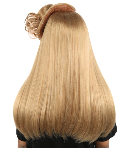 HPO Women's Sculpted Pillbox Hat Wig | Dark honey blonde hue, create of synthetic fiber, integrated 23-inch smooth straight volume with coiled fascinator texture, breathable base | Party, Halloween, theater, drag, performance, costume events