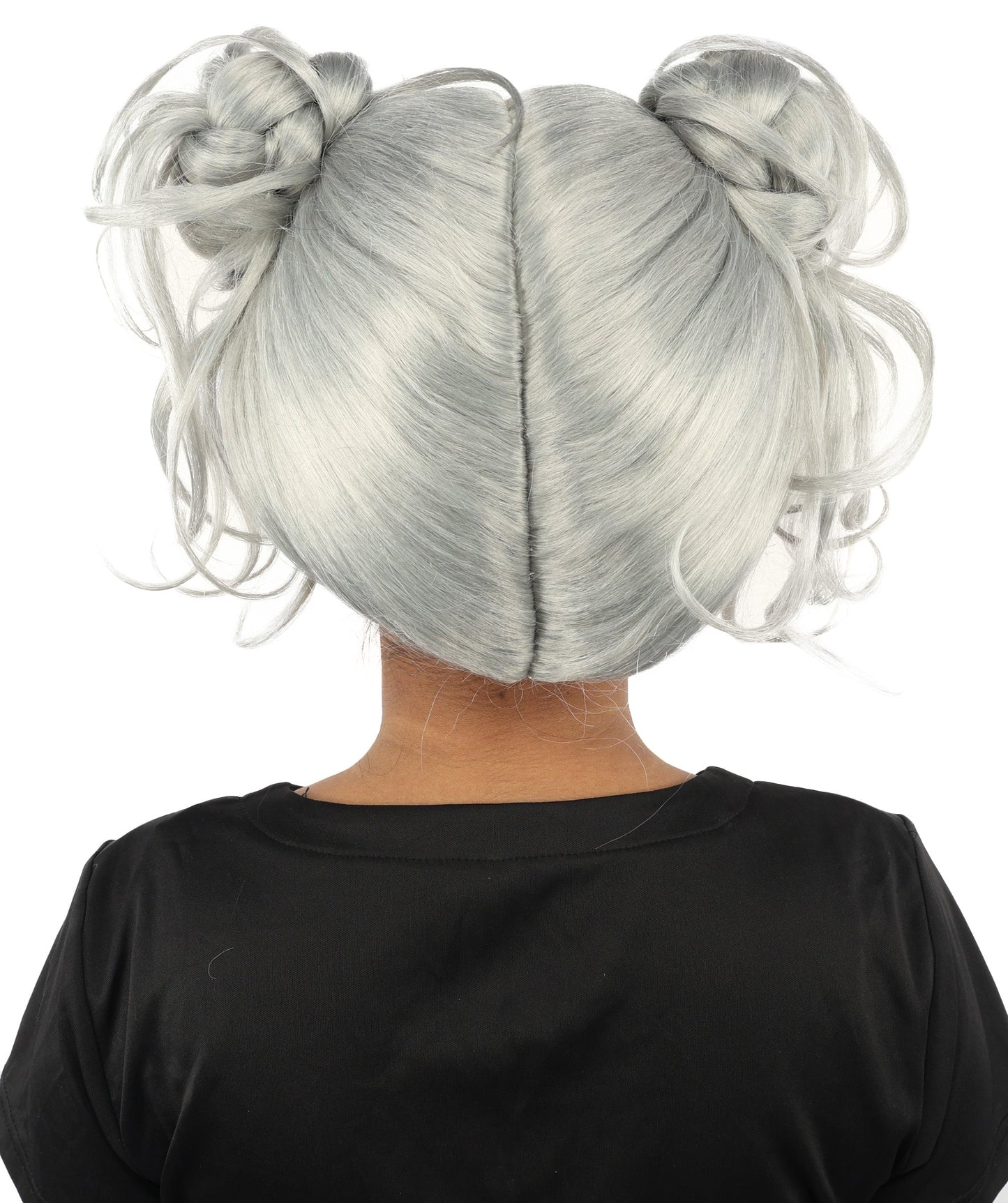 HPO Adult Women’s Messy Twin Bun Wig with Graphic Bangs | Multiple Color Options | Edgy Wig for Cosplay, Fashion Events, Halloween & Stage Wear | Adjustable Cap, Lightweight Synthetic Fiber