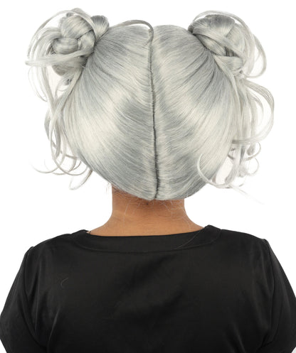 HPO Adult Women’s Messy Twin Bun Wig with Graphic Bangs | Multiple Color Options | Edgy Wig for Cosplay, Fashion Events, Halloween & Stage Wear | Adjustable Cap, Lightweight Synthetic Fiber
