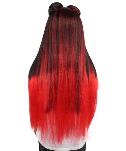 Women’s Straight Black Red Roller-Top Retro Wig | 60s Style Center Part Long Hair | Bold Fancy Dress Party Wig for Fashion, Halloween and Cosplay