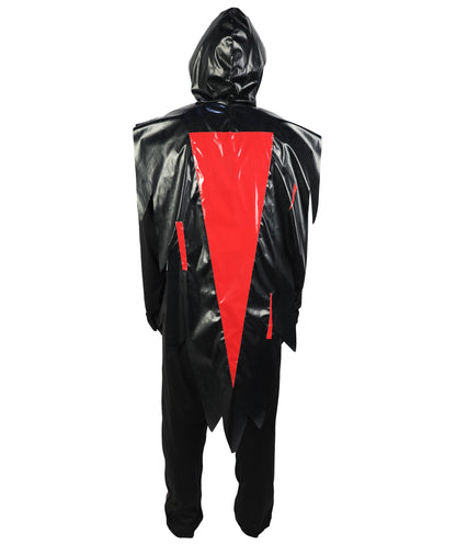 HPO Men's Ghost Slasher Costume | Grim Reaper Style Black Hooded Tunic Jagged Edge Robe Blood Red Ghost Mask | Youth Halloween Cosplay Thriller Horror Theater Performance Costume Events