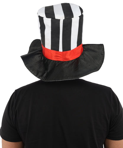 HPO Men's Striped Circus Mini Hat | Black and White Pattern with Red Ribbon and Gothic Cameo | Ideal for Halloween, Theater, Drag, and Carnival Performance Events