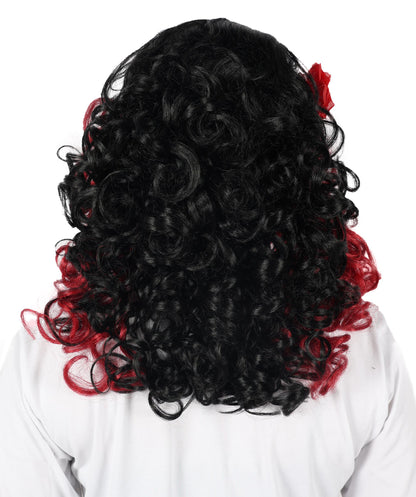 HPO Women’s Day of the Dead 17-Inch Black and Red Curly Wig with Flower | Halloween & Cosplay Wig | Flame-retardant Synthetic Fiber