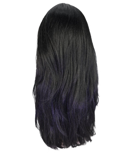 HPO Adult Womens Sleek Black Wig with Layered Cut & Wispy Bangs | Celebrity Inspired Long Hair Look | Ideal for Halloween | Breathable Cap
