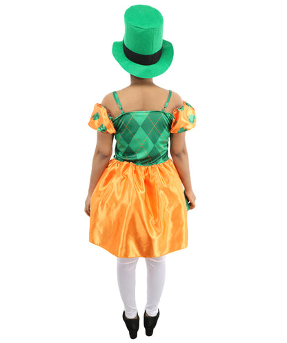 HPO Women Orange & Green Party Dress Costume with Hat | Colorful Event Outfit with Ruffle Skirt | Designed for Cosplay & Parties
