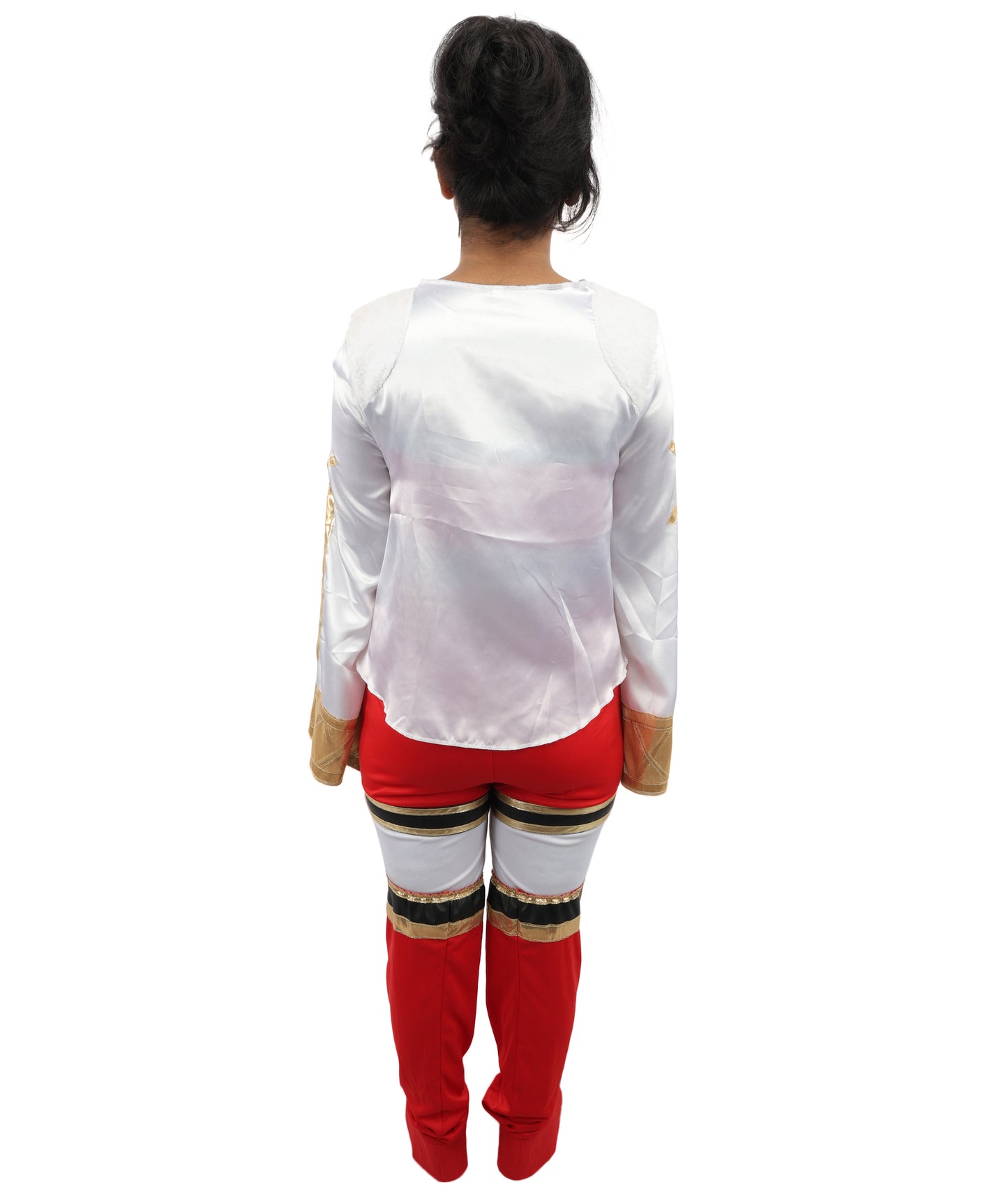HPO Women's Anime Warrior Fashion Suit | Vibrant red and white jersey satin construction featuring a body, pant, koti, and leg socks | Ideal for party, Halloween, cosplay, theater, drag, performance, costume events