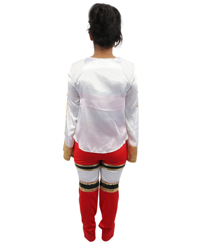 HPO Women's Anime Warrior Fashion Suit | Vibrant red and white jersey satin construction featuring a body, pant, koti, and leg socks | Ideal for party, Halloween, cosplay, theater, drag, performance, costume events