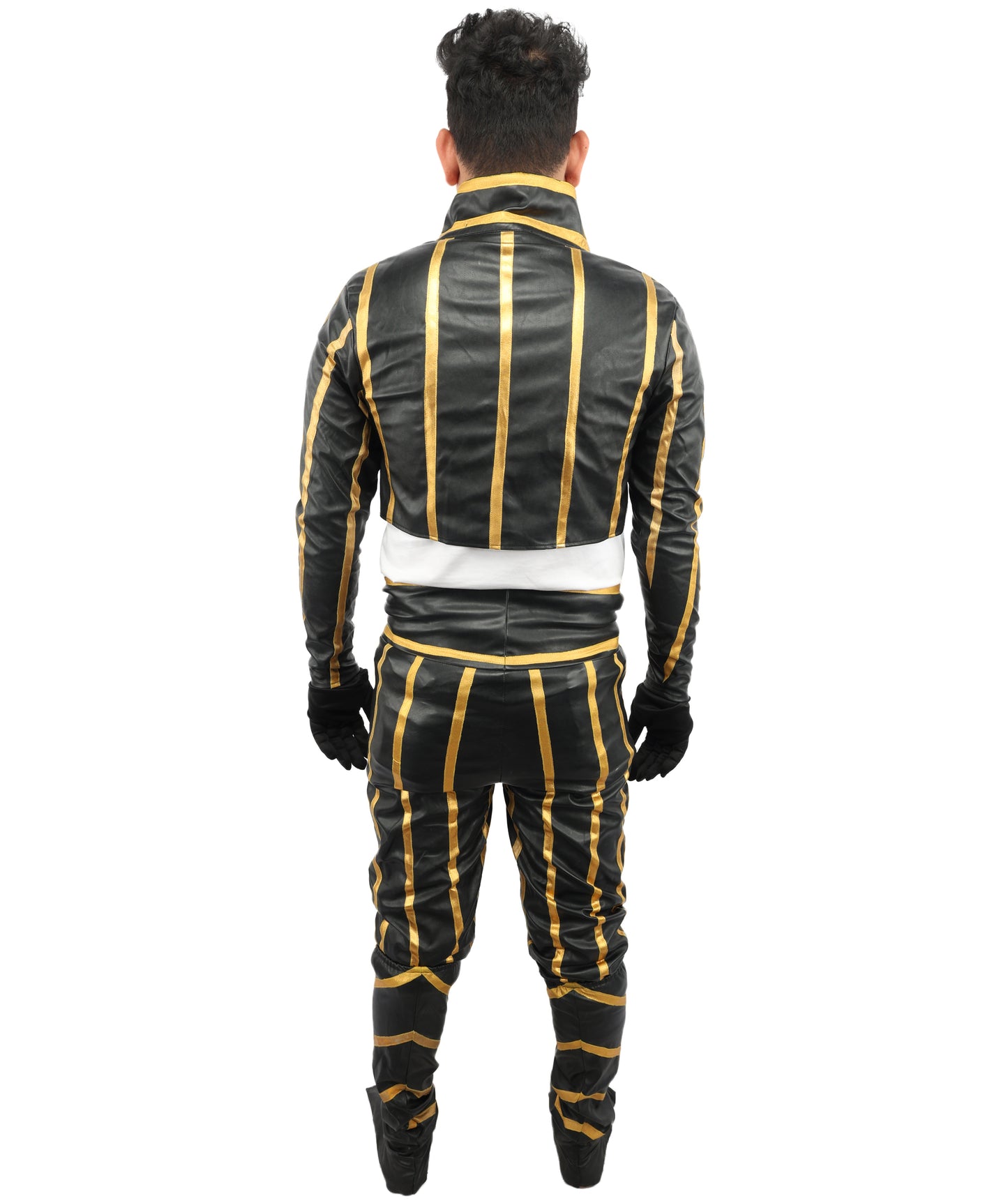 HPO Men's Anime Fighter Combat Suit | Striking Black And Gold PVC Jersey Construction Featuring Pant, Dress, Hand gloves, And Leg Socks | Ideal for Party, Halloween, Cosplay, Theater, Drag, Performance, Costume Events