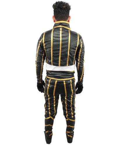 HPO Men's Anime Fighter Combat Suit | Striking Black And Gold PVC Jersey Construction Featuring Pant, Dress, Hand gloves, And Leg Socks | Ideal for Party, Halloween, Cosplay, Theater, Drag, Performance, Costume Events