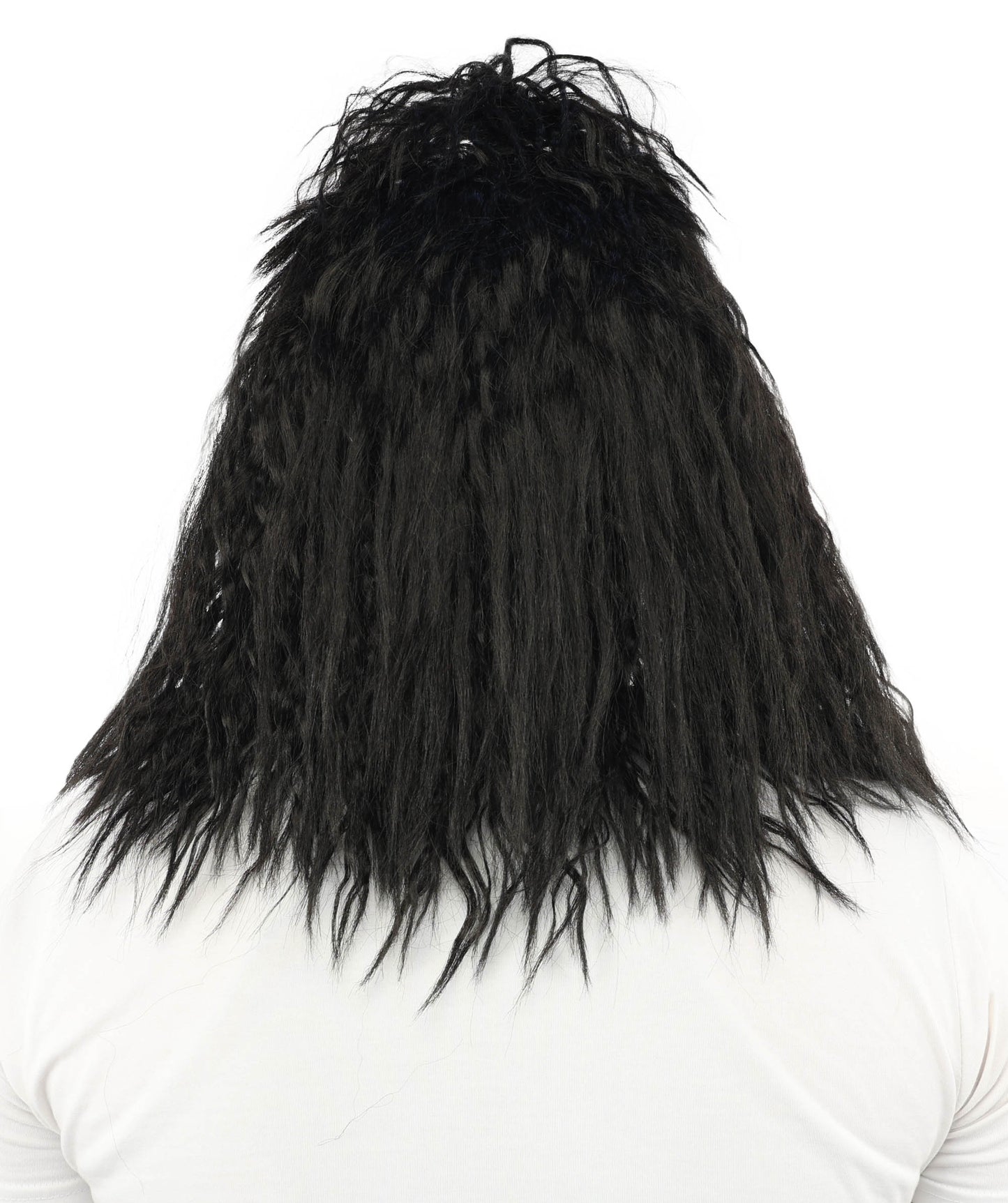 HPO Men's Heavy Metal Rockstar Black Wig | Dark wavy synthetic fibers with massive crimped volume and capless construction | Essential for theater performance drag Halloween costume events and party
