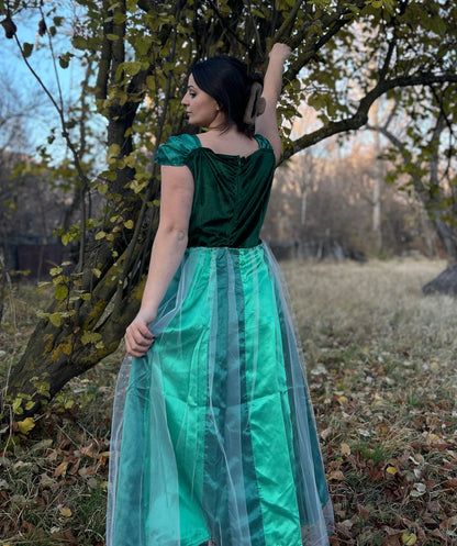 Women’s Animated Movie Ann Sister Green and Blue Gown Costume| Flame-retardant Synthetic Materials