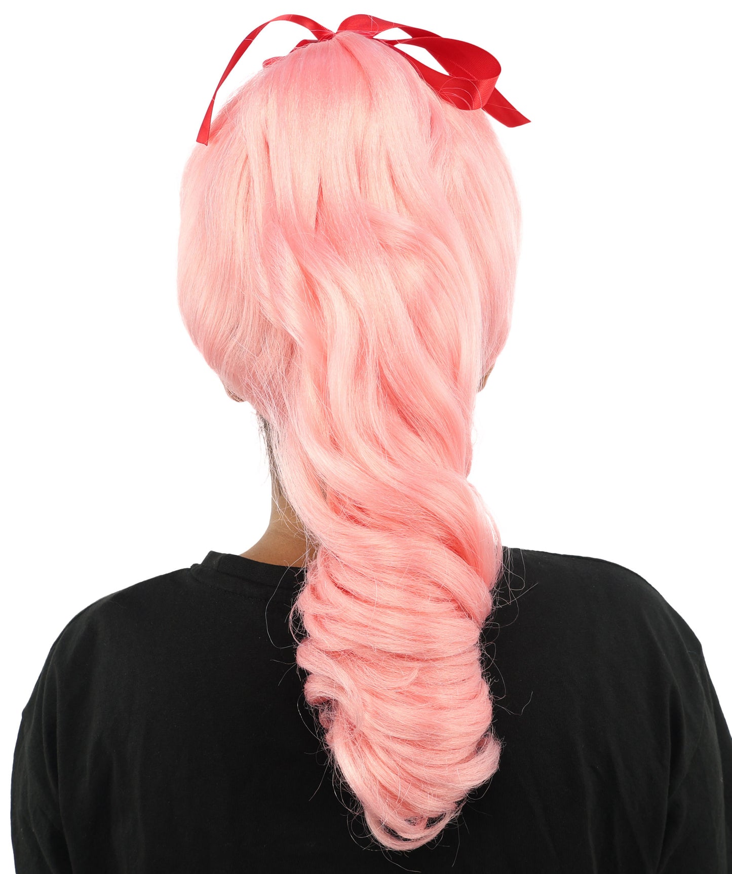 HPO Women's Spiral Ponytail Wig | Multicolor Options | High Updo with Red Ribbon Bow & Bangs, Heat Friendly Synthetic Fiber & Breathable Cap | Halloween, Christmas Event, Themed Party, Theater & Roleplay