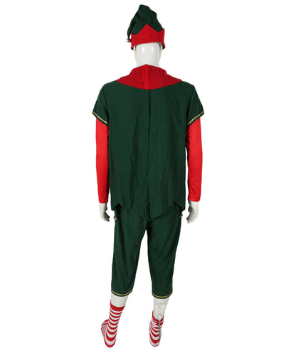 HPO Adult Men’s Deluxe Christmas Elf Costume | Festive Green & Red Tunic | Santa’s Helper Outfit for Holiday Parties & Parades