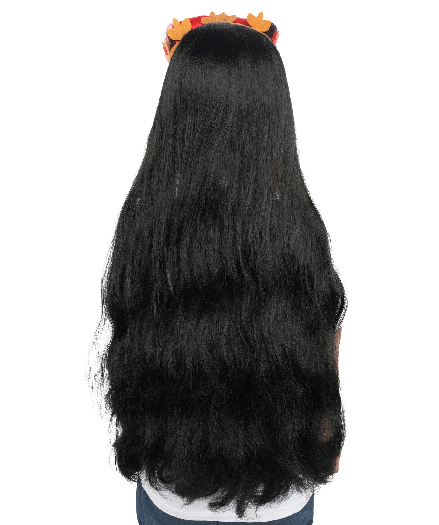 HPO Women’s Black and Red Extra Long Wig – Wavy Cosplay Wig with Braided Crown and Extra Length | Fancy Dress Costume Hairpiece with Adjustable Cap for Parties