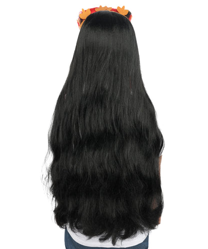 HPO Women’s Black and Red Extra Long Wig – Wavy Cosplay Wig with Braided Crown and Extra Length | Fancy Dress Costume Hairpiece with Adjustable Cap for Parties