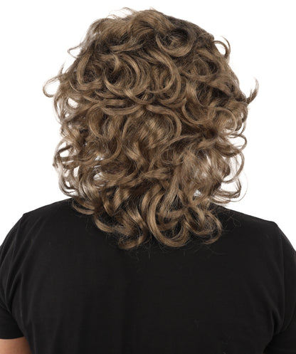 HPO Men’s 80s Light Brown Curly Mullet Wig | Flame-retardant Synthetic Fiber | Retro Movie Character Inspired Hairpiece for Cosplay & Halloween