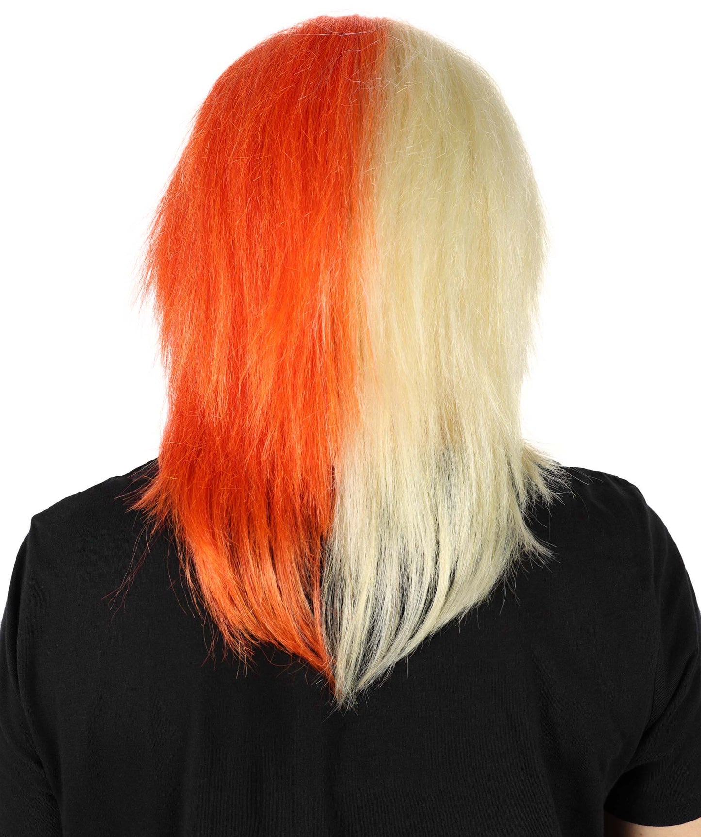 HPO Women’s Two-Tone Red and Blonde Mullet Wig | Edgy Shaggy Cut Cosplay & Fashion Wig | Retro-Inspired Rocker Wig with Layers and Bangs | Synthetic Fiber