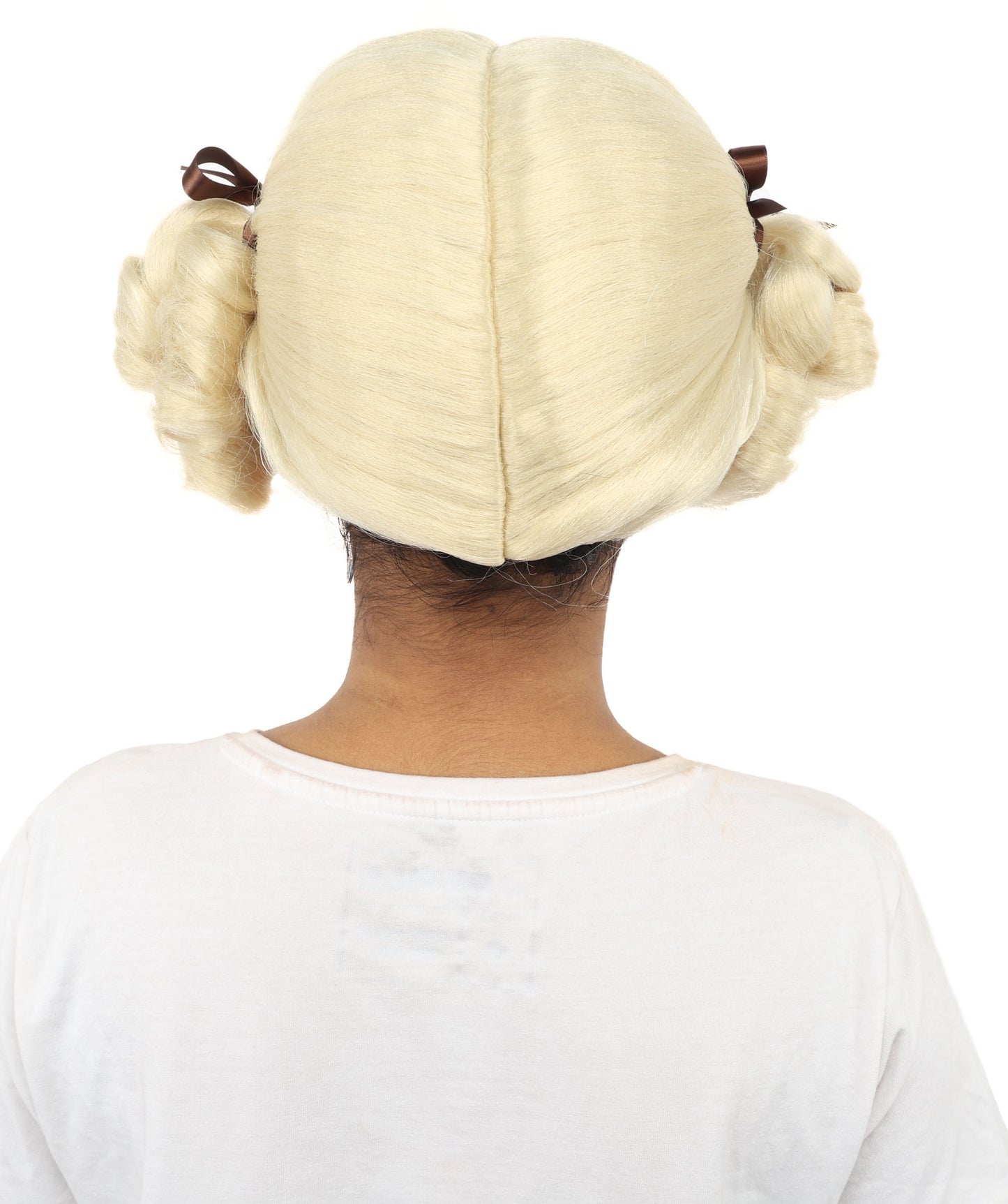 HPO Women's Golden White Mixed Curly Pigtail Wig | Messy Ringlet Twin Tails with Attached Fabric Ribbons, Synthetic Fiber & Breathable Cap | Halloween, Movie Character Roleplay, Costume Party & Theater