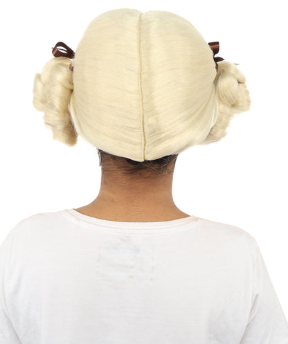 HPO Women's Golden White Mixed Curly Pigtail Wig | Messy Ringlet Twin Tails with Attached Fabric Ribbons, Synthetic Fiber & Breathable Cap | Halloween, Movie Character Roleplay, Costume Party & Theater