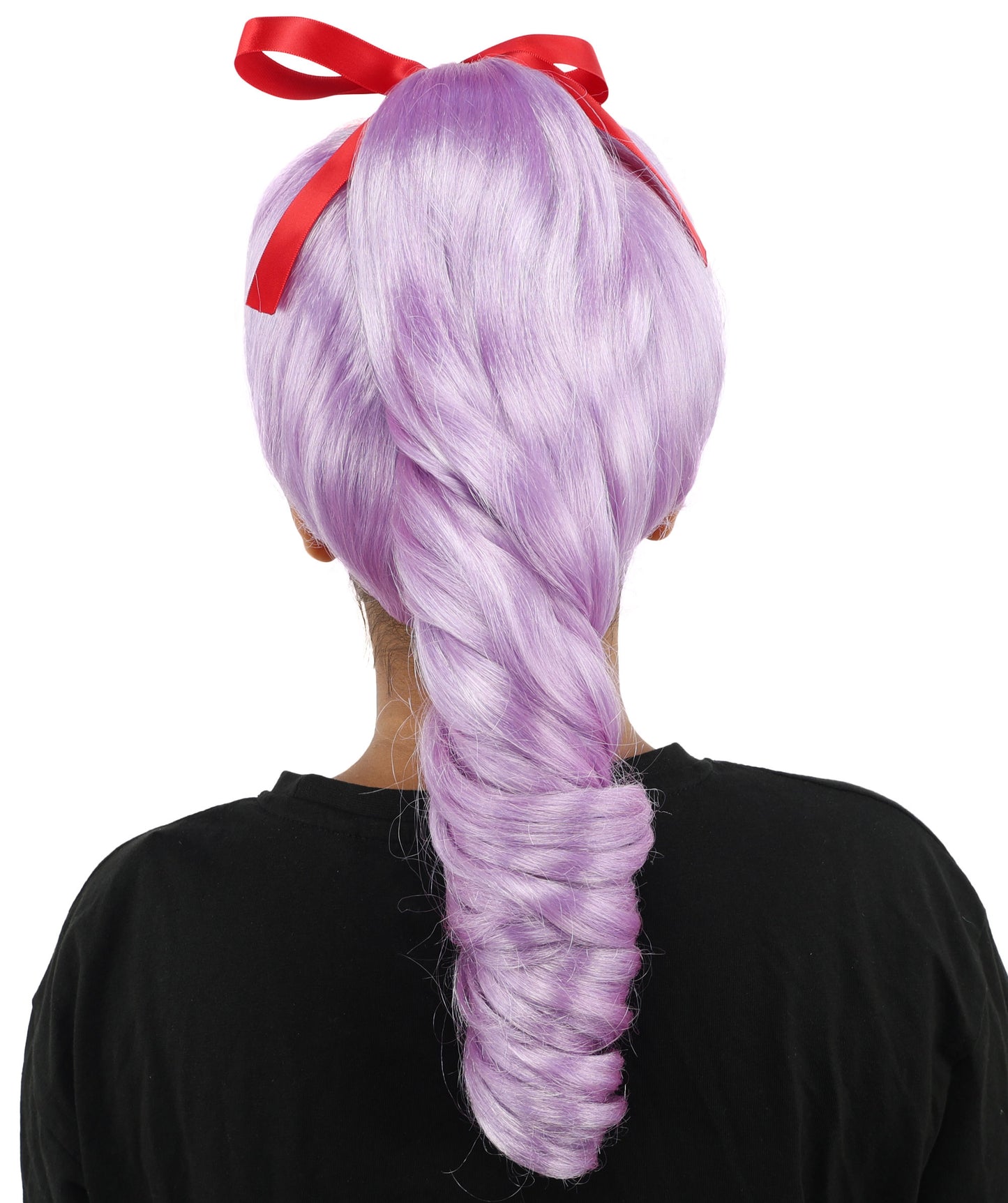 HPO Women's Spiral Ponytail Wig | Multicolor Options | High Updo with Red Ribbon Bow & Bangs, Heat Friendly Synthetic Fiber & Breathable Cap | Halloween, Christmas Event, Themed Party, Theater & Roleplay