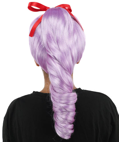 HPO Women's Spiral Ponytail Wig | Multicolor Options | High Updo with Red Ribbon Bow & Bangs, Heat Friendly Synthetic Fiber & Breathable Cap | Halloween, Christmas Event, Themed Party, Theater & Roleplay