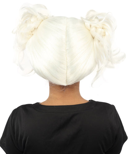 HPO Adult Women’s Messy Twin Bun Wig with Graphic Bangs | Multiple Color Options | Edgy Wig for Cosplay, Fashion Events, Halloween & Stage Wear | Adjustable Cap, Lightweight Synthetic Fiber