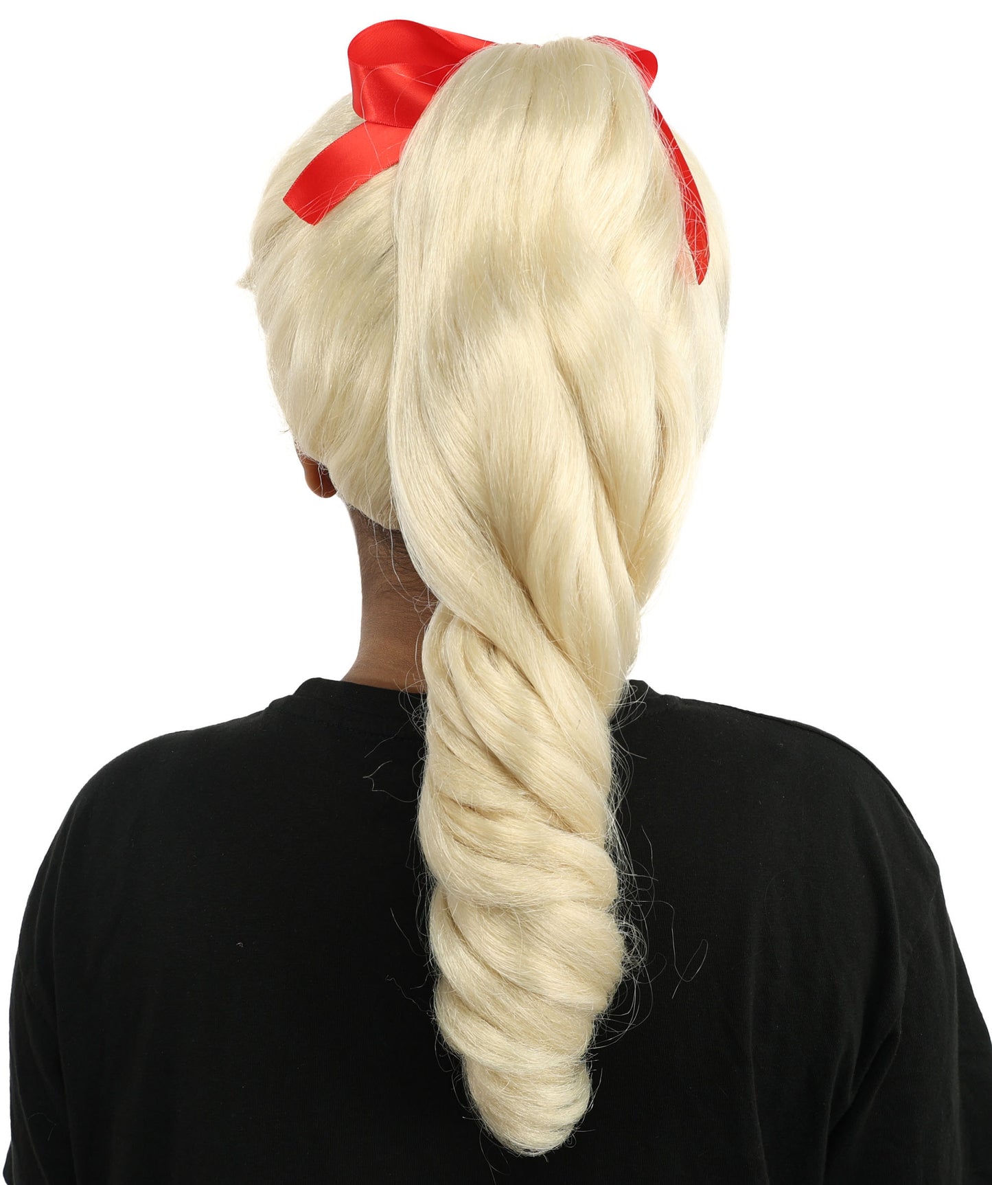 HPO Women's Spiral Ponytail Wig | Multicolor Options | High Updo with Red Ribbon Bow & Bangs, Heat Friendly Synthetic Fiber & Breathable Cap | Halloween, Christmas Event, Themed Party, Theater & Roleplay