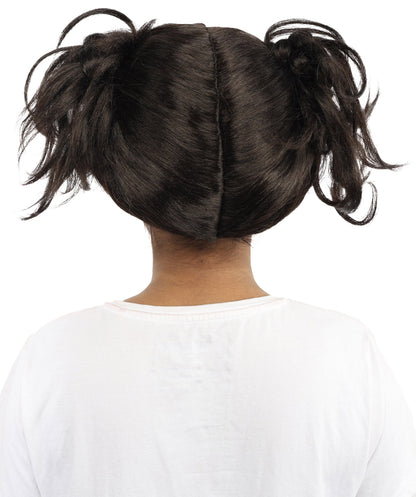 HPO Women’s Messy Twin Bun Wig with Graphic Bangs | Edgy Chocolate Brown Wig for Cosplay, Fashion Events, Halloween & Stage Wear | Adjustable Cap, Lightweight Synthetic Fiber