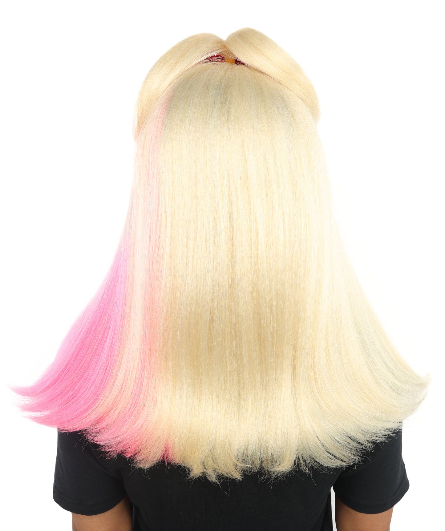 HPO Women’s Black & Blonde Medium-Length Straight Wig with Pink Tips | Flame-retardant Synthetic Fiber | Lightweight Capless Design for Halloween and Cosplay