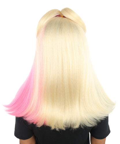 HPO Women’s Black & Blonde Medium-Length Straight Wig with Pink Tips | Flame-retardant Synthetic Fiber | Lightweight Capless Design for Halloween and Cosplay