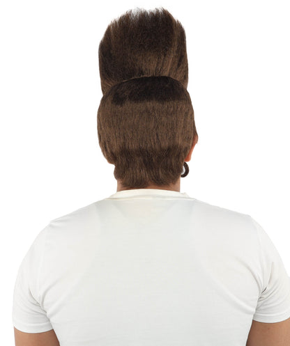 HPO Adult Men's Tall Flat Top Wig and Mustache | Vertical Dark Pompadour with Long Handlebar Facial Hair, Synthetic Fiber & Breathable Net | Halloween, Carnival, Stage Performance & Roleplay