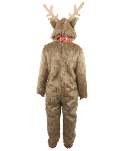 HPO Unisex Reindeer Brown & White Costume | Plush Holiday Outfit with Antlers & Hoof Gloves | Perfect for Christmas, Parties & Festive Events