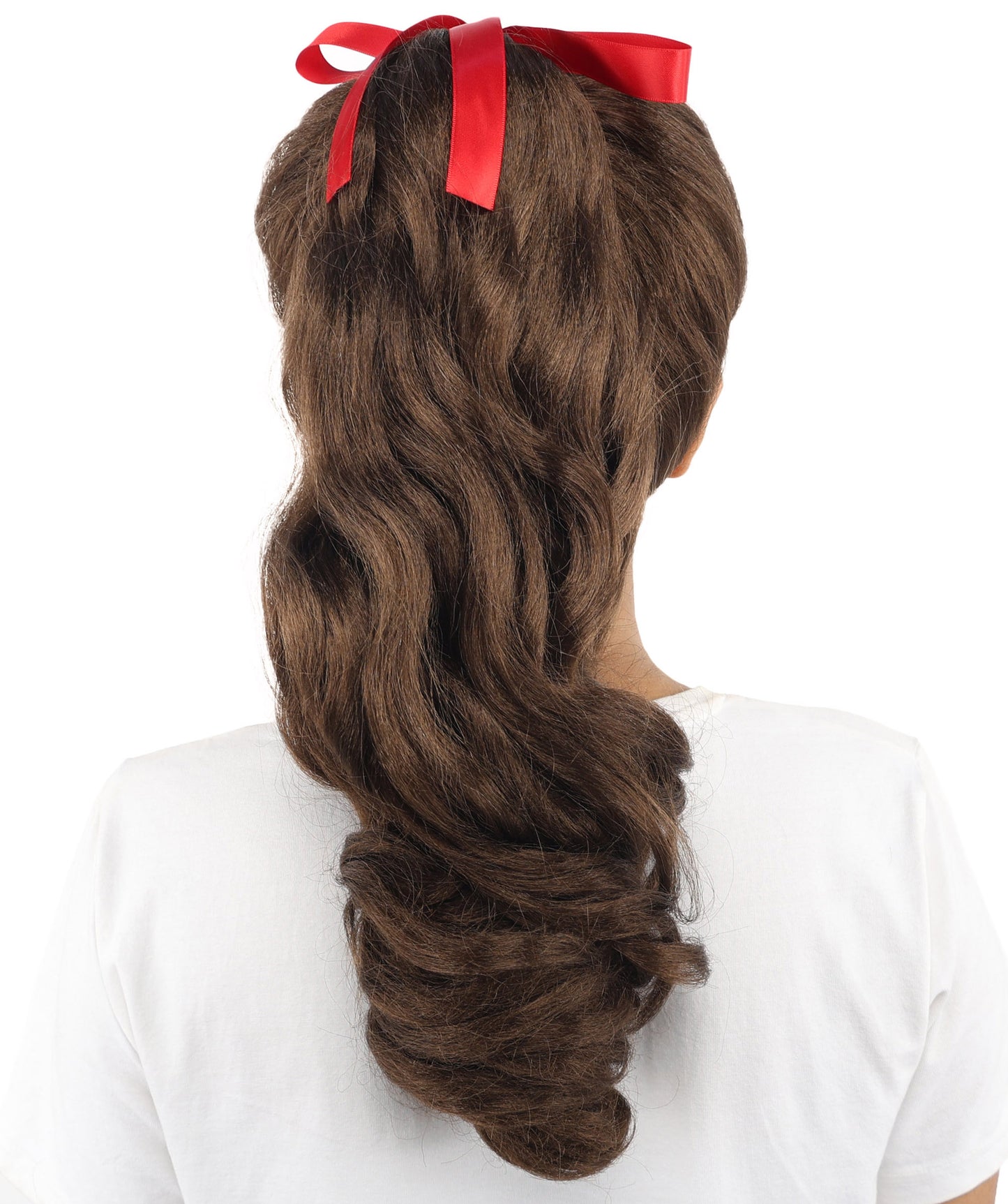 HPO Women's Spiral Ponytail Wig | Multicolor Options | High Updo with Red Ribbon Bow & Bangs, Heat Friendly Synthetic Fiber & Breathable Cap | Halloween, Christmas Event, Themed Party, Theater & Roleplay