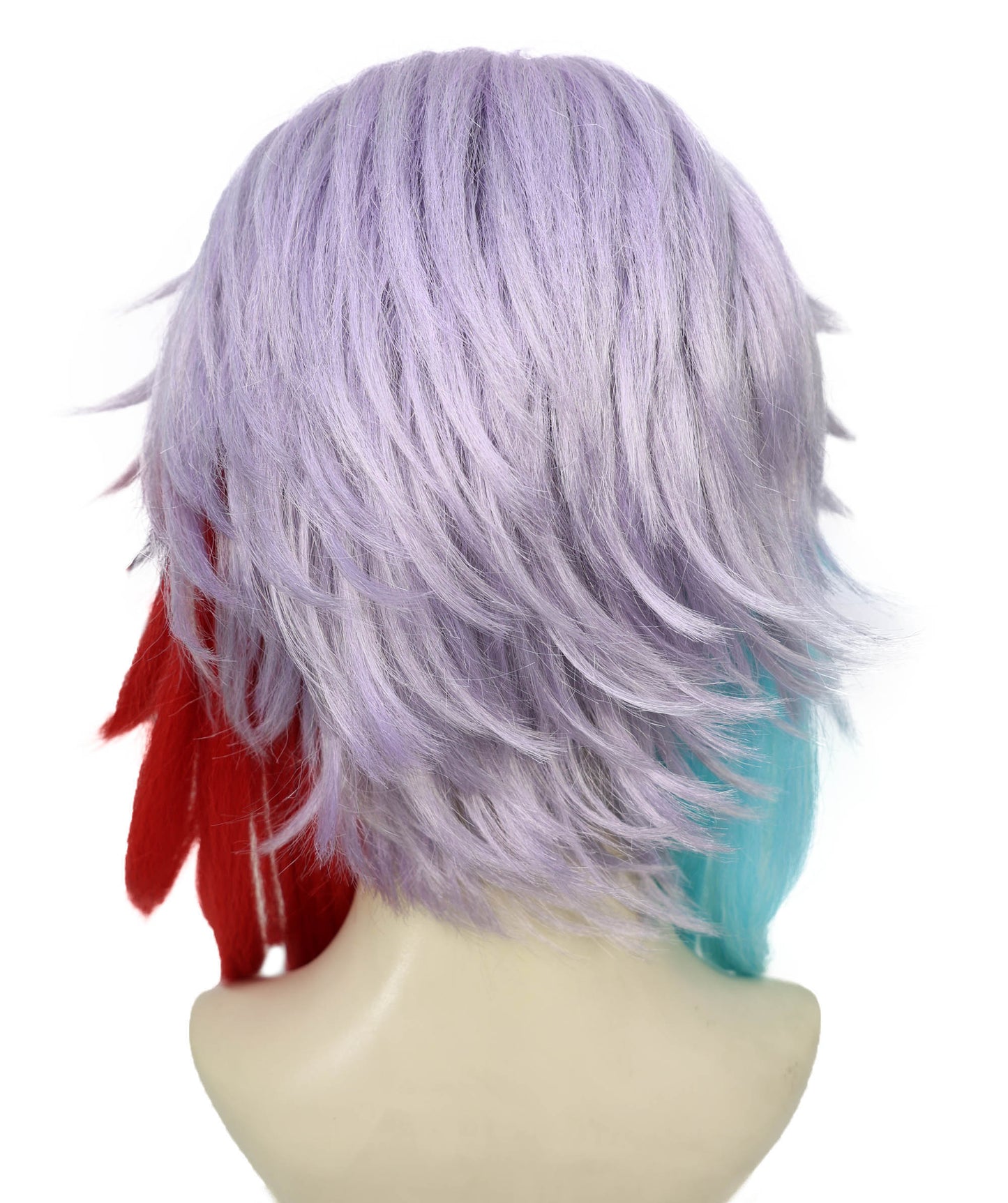 HPO Adult Women’s Anime-Inspired Gradient Cosplay Wig | Two-Tone Red & Blue Ombre Tips with Layered Silver Base | Ideal for Halloween and Cosplay