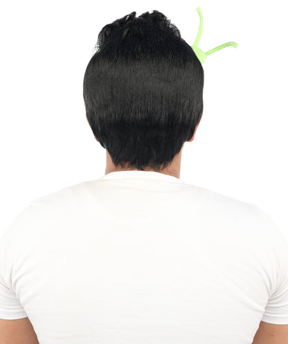 HPO Men's Brain Slug Orange Wig | Medium Spiked Synthetic Hair with Attached Green Alien Plush and Messy Texture | Sci-Fi Cosplay, Halloween, Cartoon Theme Party, and Funny Costume Accessories