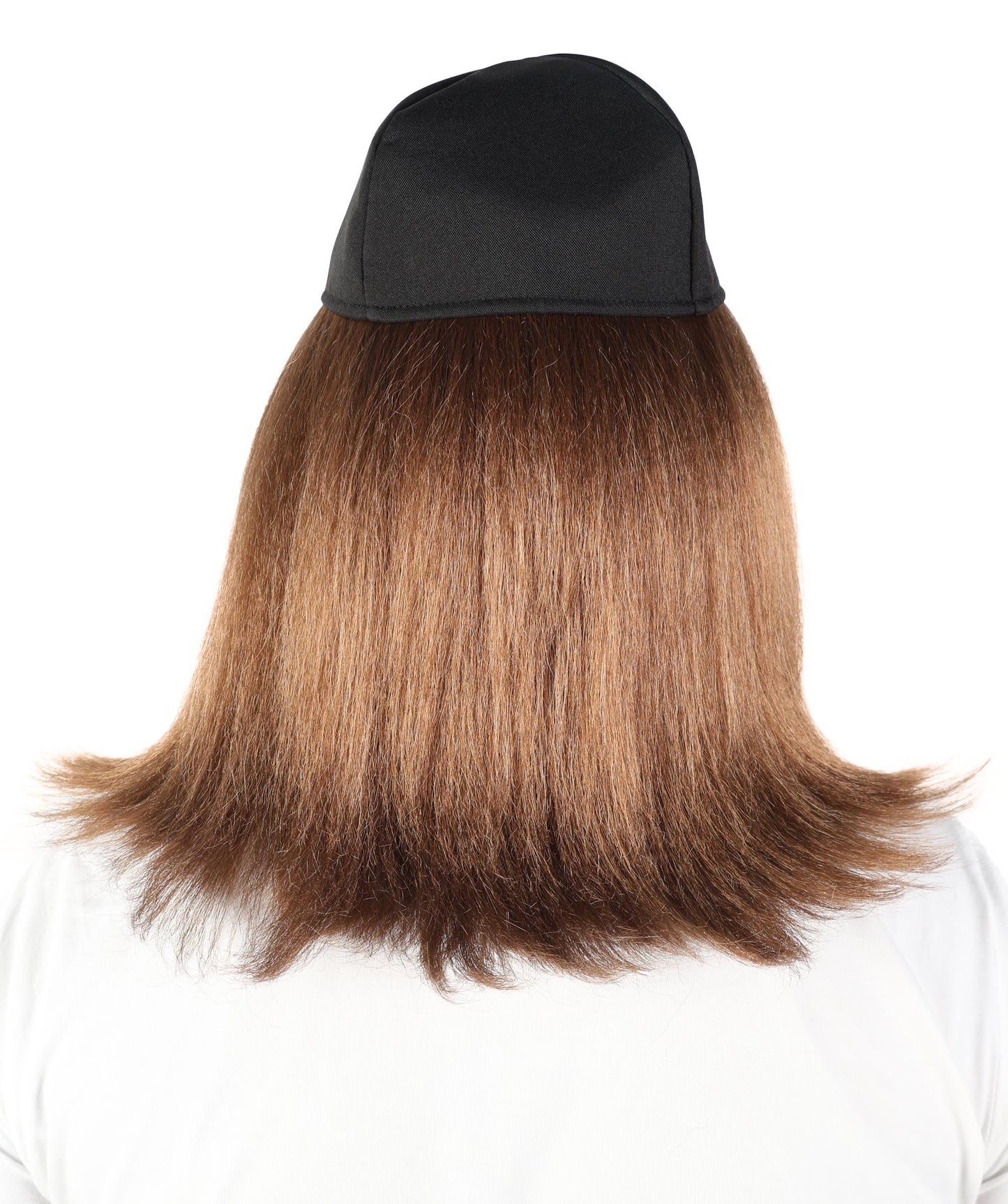 HPO Men’s Brown Retro Wig with Black Slogan Cap | Straight Layered Hair Accessory for Parties, Cosplay & Dress-Up Looks | Lightweight Capless Cap Design
