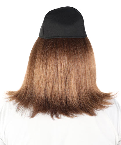 HPO Men’s Brown Retro Wig with Black Slogan Cap | Straight Layered Hair Accessory for Parties, Cosplay & Dress-Up Looks | Lightweight Capless Cap Design