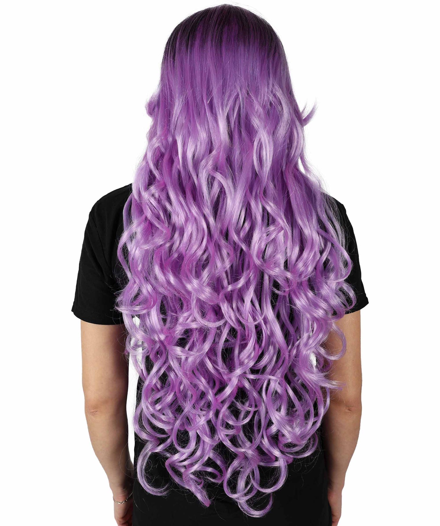 HPO Adult Women's Extra Long Curly Black & Purple Glamour Gothic Wig | Halloween and Cosplay Wig | Flame-retardant Synthetic Fiber |
