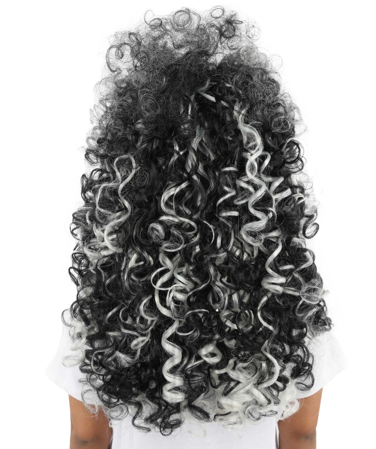 HPO Women's Vampire Mistress Curly Wig | Long Layered Black Hair with White Highlights and Teased Roots | Classic Horror Cosplay and Theme Parties