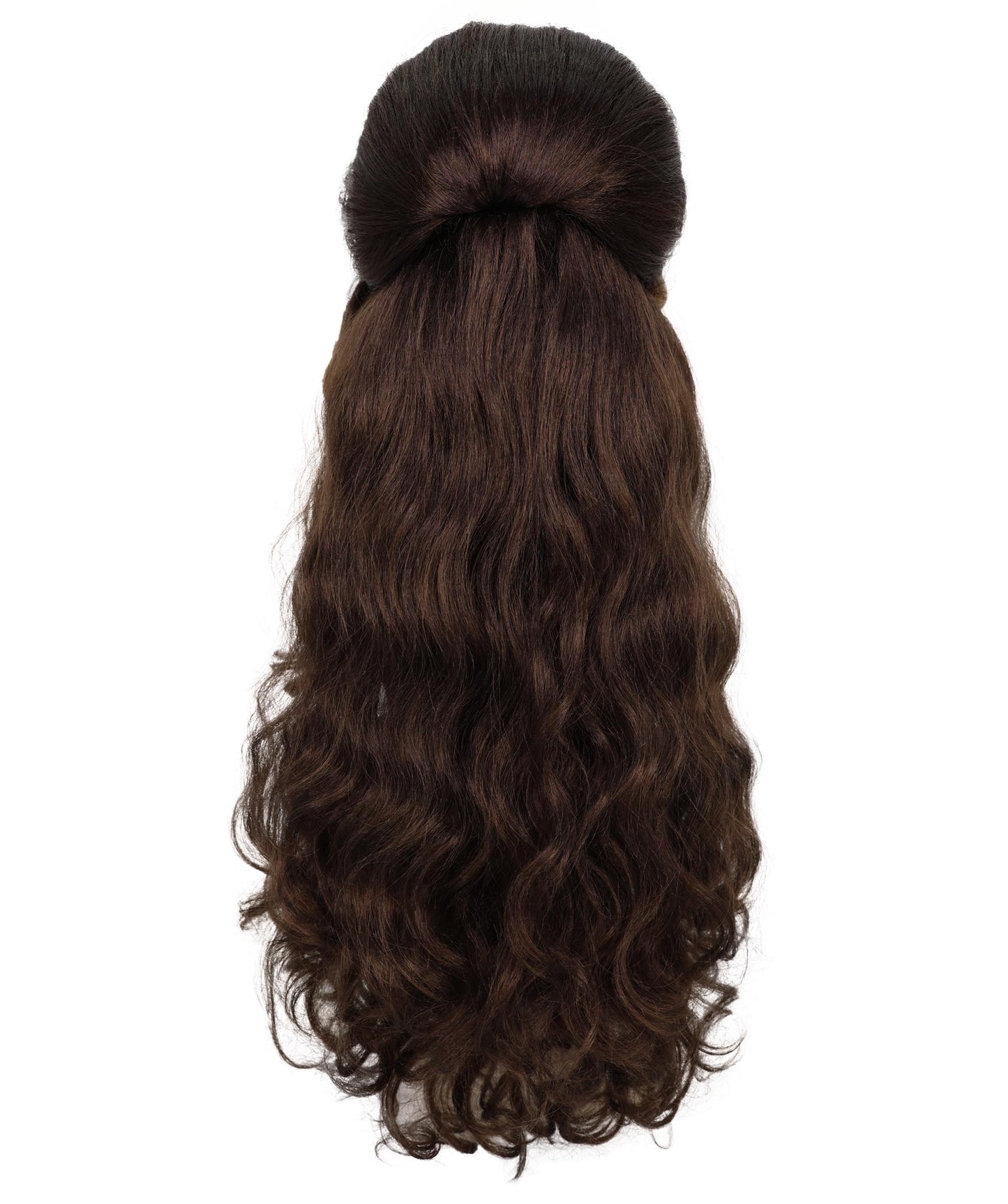 HPO Adult Womens Retro Brown Beehive Wig with Red Flower | 80s Vintage Glam Long Curly Hairpiece for Costume & Parties | Ideal for Halloween | Breathable Capless Cap