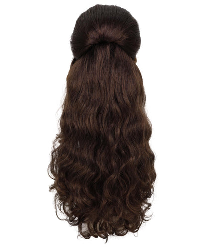 HPO Adult Womens Retro Brown Beehive Wig with Red Flower | 80s Vintage Glam Long Curly Hairpiece for Costume & Parties | Ideal for Halloween | Breathable Capless Cap